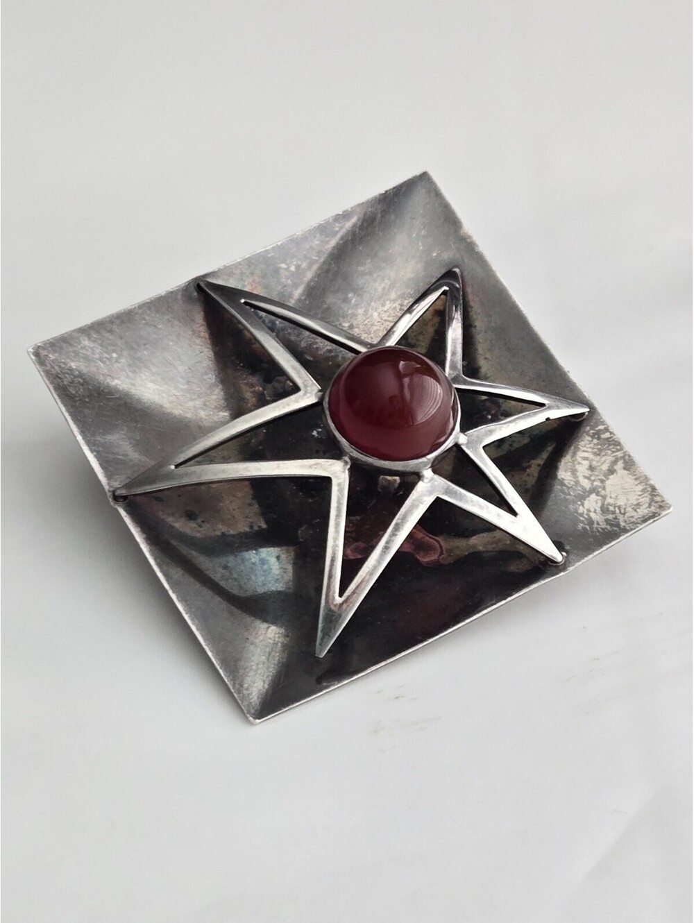 Mid-Century Finnish Modernist Sterling Silver Carnelian Brooch Pin - Salovaara